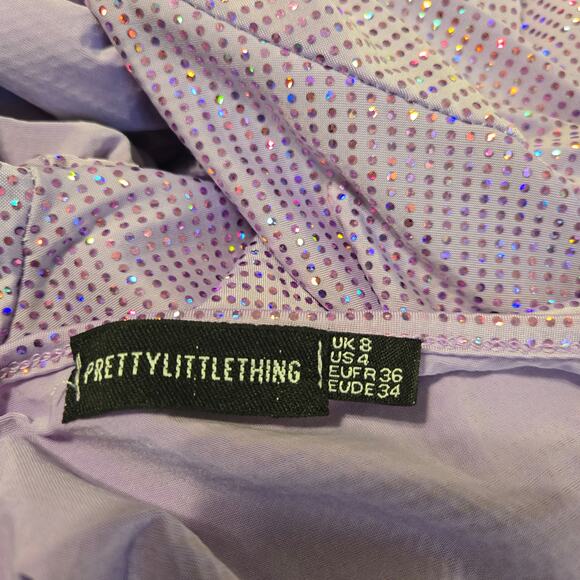 Pretty Little Things Lilac Sparkle Ruched Cut Out Mini Dress SZ 4 Rave Party - Picture 10 of 11